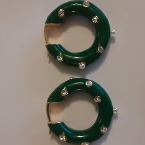 Green Ceramic Pearl Crystal Hoops